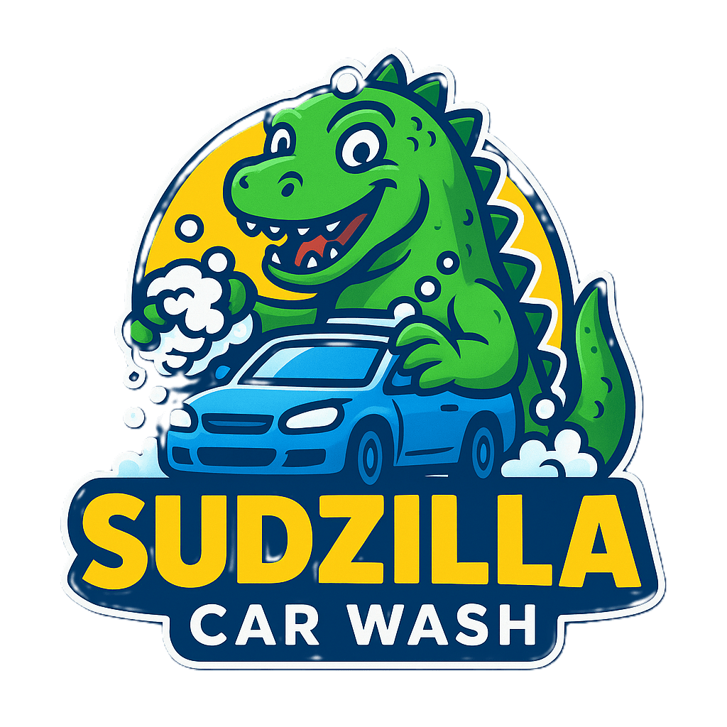 Sudzilla Car Wash - Friendly dinosaur mascot washing a car